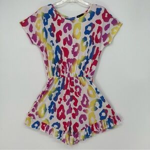 Racheal Women Shorts Romper Short Sleeve Rainbow Animal Print Ruffle Stretch NEW